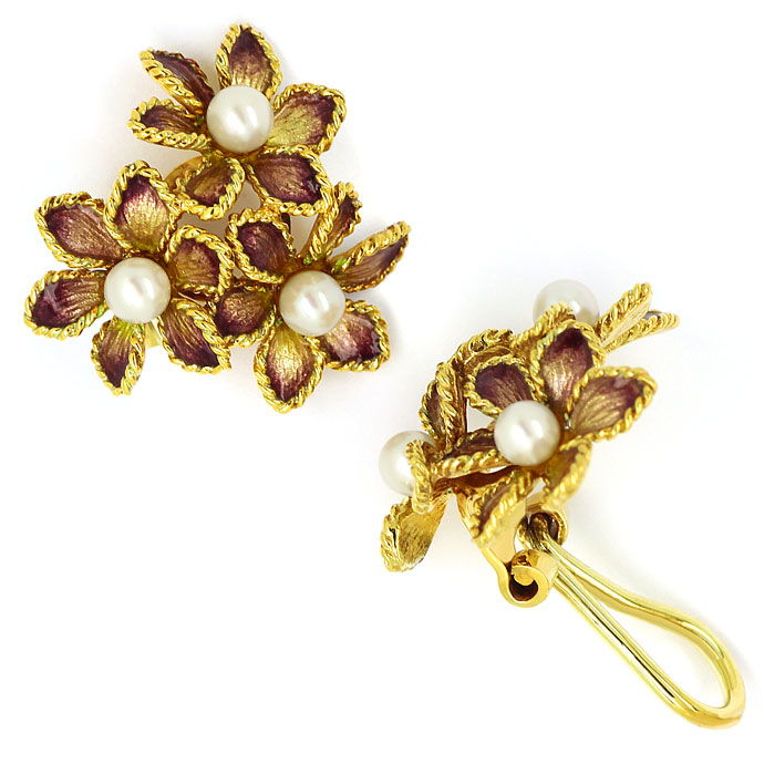 Foto 1 - Blüten Ohrclips mit Perlen und Transluzid Emaille 585er, R9486