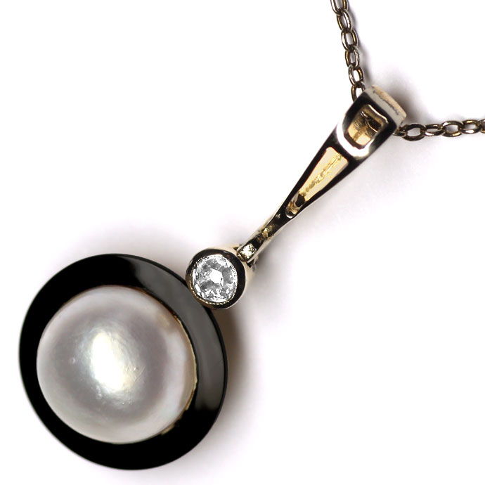 Foto 2 - Antikes Collier mit Diamant Onyx Perl Anhänger an Kette, S9805